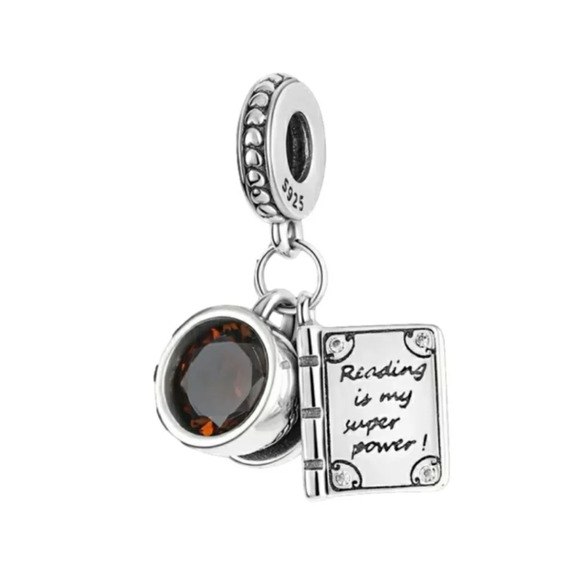 Bookworm Dangle Charm for Bracelet Reading Is My Superpower 925 Sterling Silver - Picture 1 of 7